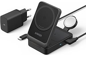 Anker MagGo 3-in-1 Ladestation, Qi2 zertifizierter 15W kabelloser Ladeständer, MagSafe kompatibel, Apple Watch Ladegerät, Für iPhone 17/16/15/14, AirPods, Apple Watch 9 (Mit 40W USB-C Netzteil)
