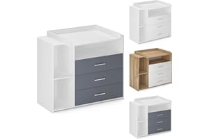 Infantastic® Table à Langer - 3 Tiroirs, 3 Compartiments Ouverts, Haute Qualité, Pratique, Bois, Métal, Gris-Blanc - Commode à Langer, Meuble Enfant, Armoire Chambre Bebe, Rangement Table