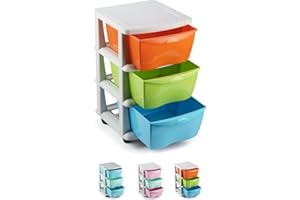 VIEIRA HOME Torre de Almacenamiento con Cajones |Cajoneras Plastico Multicolor Duro Almacenaje con ruedas con 3 cajones | Escritorio,Oficina, escuela,baño, sala de estar - 63x40cm - Hecho en E.U