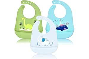 FILOWA Silicone Bibs for Babies,3 PCS Baby Weaning Silicone Bibs Feeding Waterproof Wide Food Crumb Soft Catcher Wipeable Adjustable Bib for Toddlers,Machine Washable No-Mess BPA Free Food Grade Bibs
