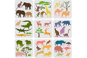 FINGERINSPIRE 9 Pcs Animaux Pochoirs Modèle 20x20cm Plastique - Singe, Ours, Oiseau, Éléphant, Cerf, Crocodile, Rhino, Lion - Motifs Réutilisables pour Peinture