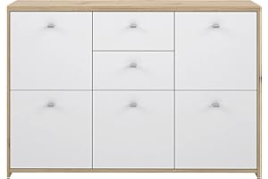 ‎FORTE FORTE BEST CHEST Kommode mit 5 Türen und 2 Schubladen, Holzwerkstoff, Artisan Eiche / Weiß, 113.9 x 77.3 x 29.6 cm