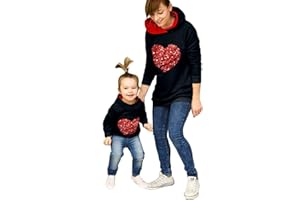 LOALIRANDO Madre e Hija Sudadera de Manga Larga con Capucha Top de Mamá y Niña Estampado de Corazón con Lentejuelas