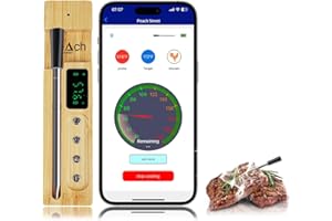 Peach Street Termometro di Carne Intelligente Wireless, Impermeabile IP68, Sonda Ultrasottile per il Monitoraggio Remoto del Barbecue Tramite Connessione Bluetooth e WiFi