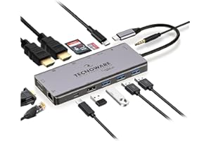 ‎TECNOWARE POWER SYSTEMS Tecnoware Hub USB Type-C, Adapter 13 w 1, kompatybilny z MacBook, Notebook, iPad, Windows, Huawei itp. 13 portów: USB 2.0 i 3.0, USB typu C, Ethernet, HDMI 4K, gniazdo kart SDXC, Micro SD, Jack Audio