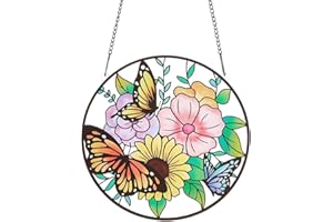 PLIGREAT Suncatchers Butterfly Flower Acrylic Stained Glass Sun Catcher Summer Hanging Ornament for Bedroom Living Room Wall Window Decoration Patio Garden Tree Decor Housewarming Memorial Gifts
