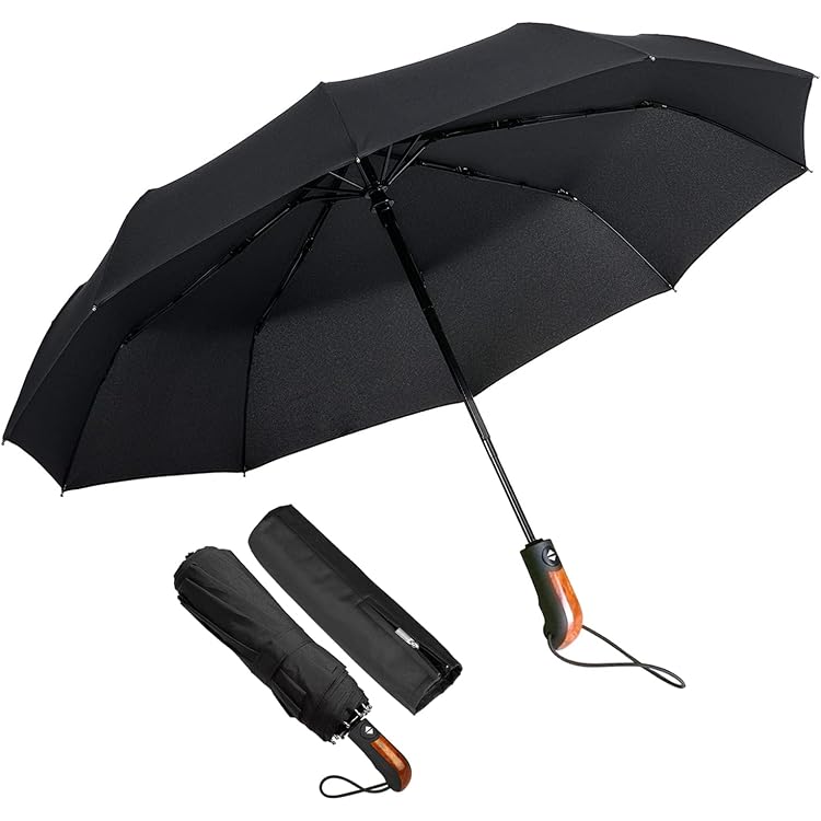 Parapluie Pliant Automatique ThreeH - Grand Format, Canopée Pongée, Manche Bois, Coupe-Vent - Pour Homme, Voyage