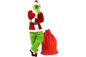 iksya Grinch Kostüm für Erwachsene – 8 PCS Grinch Weihnachtsmann Outfit Grünes Monster Halloween Weihnachtsanzug mit Maske und Weihnachtsmütze Cosplay Requisiten