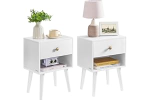 ‎VASAGLE VASAGLE Nachttisch, 2er Set, Beistelltisch mit Schublade und offener Ablage, Holzbeine, Couchtisch für Wohnzimmer, Schlafzimmer, Sofa, schneeweiß LET855W01