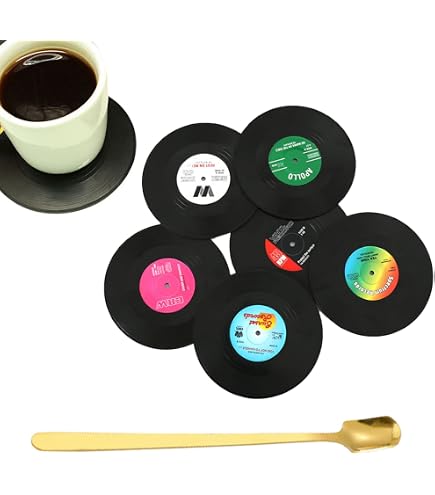 6 Sottobicchieri In Vinile Vintage Formato Disco – Divertenti, Antiscivolo, 10,3x10,3cm