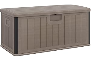 GiantexUK 380L Garden Storage Box, Waterproof Resin Deck Boxes with Lockable Sit-on Lid, Gas Strut & Handles, Wood Effect Outdoor Utility Chest Container for Patio Cushions Gardening Tools (Brown)