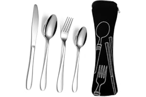 LAWALEISHE 4 Pcs Cutlery Set with Portable Pouch Case, Stainless Steel Flatware Camping Utensil Set Knife, Fork, Spoon with Neoprene Bag for Outdoor Travel Picnic Office School Lunch Box