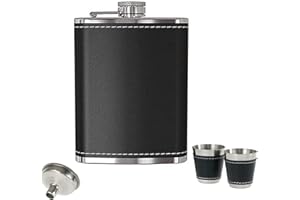 N\C Piersiówka, 7oz piersiówka ze stali nierdzewnej, 200ml czarna piersiówka ze skórą premium, z 2 kubkami 1lejkiem ze stali nierdzewnej zestaw prezentowy Upscale. Na whisky, wino, wódkę, kemping itp.