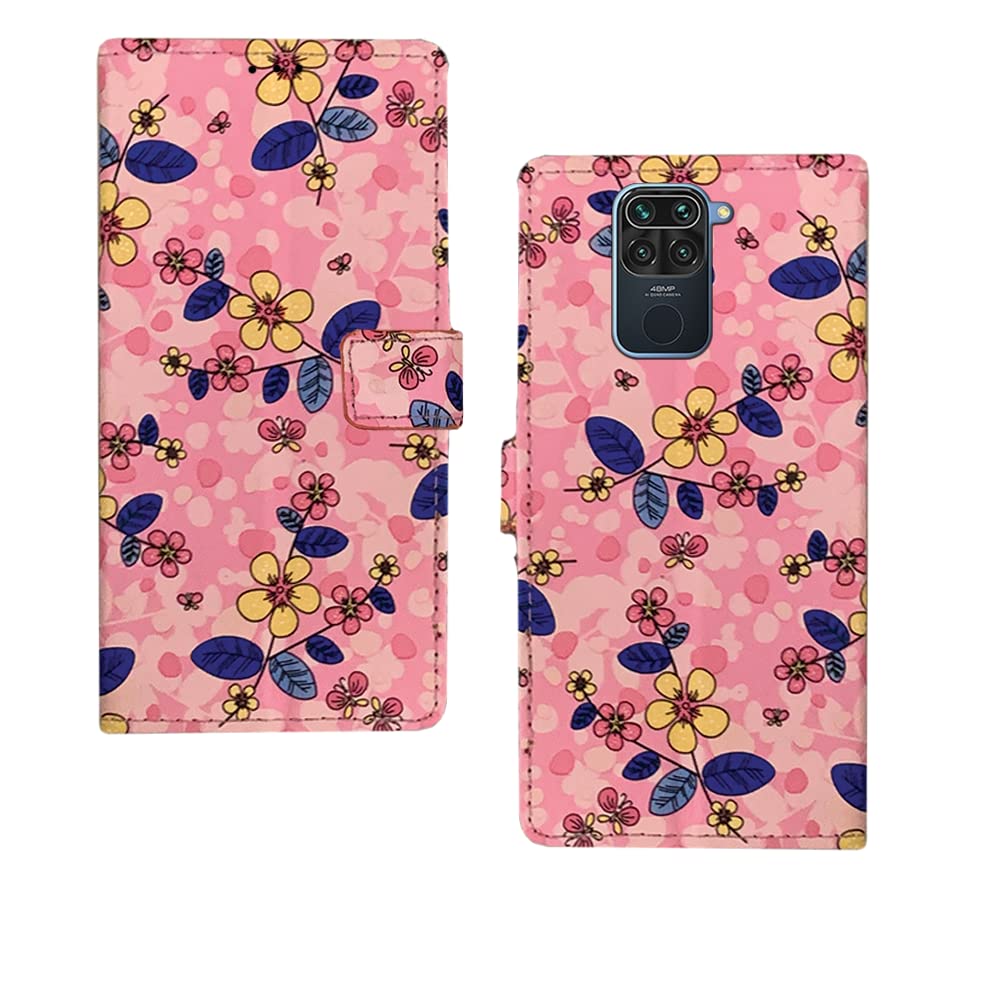 Inktree Redmi Note 9 Flip Case | Premium Leather Finish Flip Cover |Designer Printed Flip Cover for Redmi Note 9 - Pink Flowers