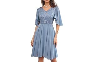 GRACE KARIN Women's Chiffon Pleated Dress Short Cape Sleeve V-Neck Lace Contrast Dress for Cocktail Party