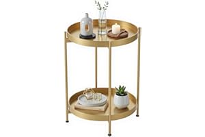H HOMEWINS Metalowy stolik pomocniczy, okrągły, złoty, ze zdejmowaną tacą, Ø 40 x wys. 50 cm, stolik kawowy, stolik nocny do salonu, sypialni, biura