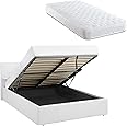Direct Furniture Suppliers Small Double White Ottoman Storage Bed Gas Lift Up (4ft) | (L) 203cm x (W) 138cm x (H) 88.5cm - Faux Leather Fabric | Sprung Slats Base | Space Saving Storage Under Bed