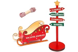 Kazunark Wichtel Zubehör Set, Holzschlitten Wichtel Express mit Schild, inklusive Kordel und Schablone, Deko für Wichteltür, Advent, Weihnachtsdekoration, Geschenk