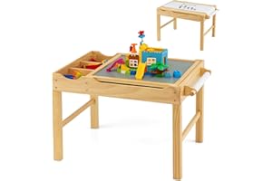 COSTWAY 2-in-1 Kids Activity Table, Wooden Children Building Blocks Table with Reversible Tabletop, Paper Roll and Storage, Toddler Play & Build Desk for Learning Drawing Eating (Natural)