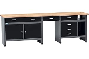 Küpper Werkstatt Werkbank 12289, 6 Schubladen, 2 Türen, 300 kg Traglast, 30 mm Massive Buchenarbeitsplatte (Schwarz, 240x84x60 cm)