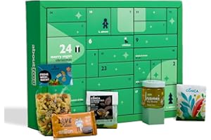 Veganer Adventskalender 2023 von aboutfood (ehemals Foodist) mit 24 Süßigkeiten & Snacks wie Schokolade, Riegel, Cookies, Gebäck, Gewürzen uvm. Geschenk für Paare inkl. Rezepte mit Tipps