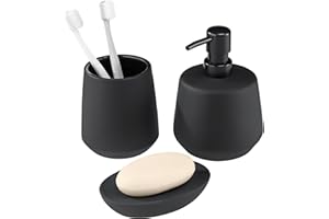 Navaris Set da Bagno Accessori Completo Nero - Include Portasapone Liquido Porta Sapone e Porta Spazzolini - Kit Bagno Moderno - in Ceramica Nera - Design Antiscivolo - Versatile