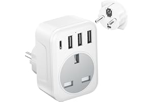 UK to European Plug Adapter with 4 USB Ports, FSTravelP Grounded European Travel Adapter with 3 USB-A & 1 Type C Plug Adaptor UK to EU Travel Plug for Germany France Spain Greece Poland etc(Type E/F)