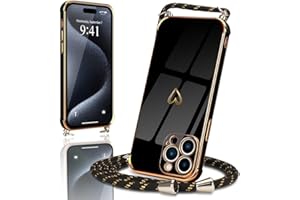 Micoden Handykette kompatibel mit iPhone 15 Pro hülle Ultra dünn Kameraschutz Herz Love Design Galvanik Silikon Bumper Case Kordel zum Umhängen Handyhülle mit Band Schutzhülle,Schwarz