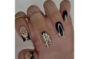 OKAQEE 24pcs French False Nails Short - Almond Square Press on Nails - Full Cover Acrylic False Nails With Glue - French Fake Nails Stick on Nails for Women and Girls Nail Art (Black Gold)