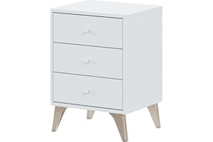 Habitdesign – Mesita de Noche con 3 Cajones y Patas, Color Blanco Artik, 56x40x33,5 cm – Modelo Sweet