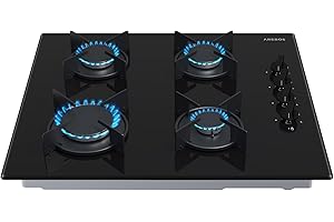 Arebos gas hob 60 cm 4 burners | Tempered glass | Built-in with cast iron pot supports | Compatible with natural gas & propane | Integrated safety ignition