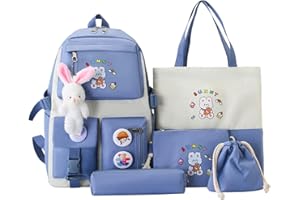 Myyunhx Backpack for Girls Set of 5 Canvas Schoolgirl Backpack Kawaii Assembled Backpack with Plush Rabbit Pendant and Cartoon Sticker Kids Plush Backpack for Teen Girls