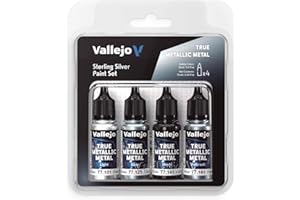 Vallejo Pintura True Metallic Metal Set de 4 Colores en Plata Estéril, Ideal para Pintar Metales, Incluye BASE, LIGHT, SHADE y AIRBRUSH, Sistema BSL para Resultados Consistentes