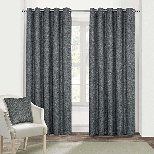 HOMESCAPES Dark Grey Textured Boucle Blackout Curtains Pair Width 167cm (66") x 228cm (90") Drop Genuine 3 Pass Blackout Lining Heavy Weight Eyelet Curtain