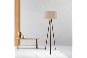 lux.pro Lampadaire Trépied Intemporel Lampe sur Pied Élégante LED Luminaire Design pour Salon Chambre Bureau Lampe de Lecture Décorative Stable E27 MDF Tissu Hauteur 140 cm Effet Bois Marron Clair