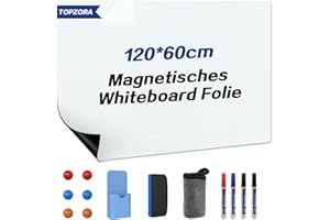 Topzora Whiteboard Magnetisch,120 * 60cm Magnetisches Whiteboard Folie,Magnetfolie Selbstklebend Weiß mit 4 Whiteboard marker & Whiteboard Schwamm & Magnetes für Schule Büro Haus