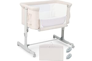 ‎COSTWAY COSTWAY 3 in 1 Beistellbett & Babywiege & Reisebett, 5-stufig Höhenverstellbares Babybett, neigbar, Kinderbett inkl. Matratze, Tragetasche, Stubenwagen für Babys bis 9kg belastbar (Beige)