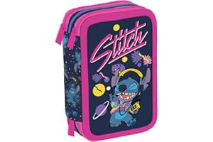 Maricart | Astuccio a Tre Scomparti per Bambino o Bambina da Scuola Elementare, Astuccio Completo di 44 Pezzi a Tre Zip con Portapenne – Stitch