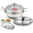 PANCA Stainless Steel Multi Purpose Kadai with Steel Lid, Idli Maker 2 Idli Plate 8 Cavity Idli Cooker Stainless Steel Idly Pot with Steamer