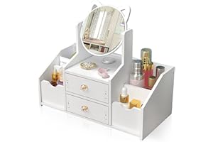 LEcylankEr Make up Organizer mit Schublade, Schminktisch Organizer mit Spiegel, Weiß Cosmetic Organizer, Desktop Kosmetik Organizer, für Kommode/Schlafzimme/Badezimmer (Runder Spiegel)