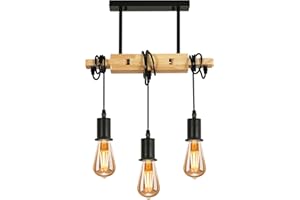 SEAMOON Lampada a Sospensione Industriale, Plafoniera in Legno, Lampadario Vintage E27 Regolabile, 3 Fiamme, Lampada a Sospensione Vintage per Soggiorno o Corridoio della Camera da Letto del Ristorante, Senza