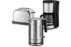 KHG Frühstücksset 3-teilig Wasserkocher, Toaster & Kaffeemaschine, Edelstahl Silber Chrom, Kapazität 1 Liter, 2 Toast Scheiben & 12 Tassen Kaffee, präziser Ausgießer, 6 Röststufen, LCD-Display