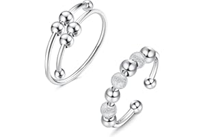 KALVICA 2 Stücke 925 Sterling Silber Angst Ringe für Damen Männer Spinner Ringe mit Perlen Silber Anxiety Ring Set Drehen Verstellbare Ring mit Stapelbare Fidget