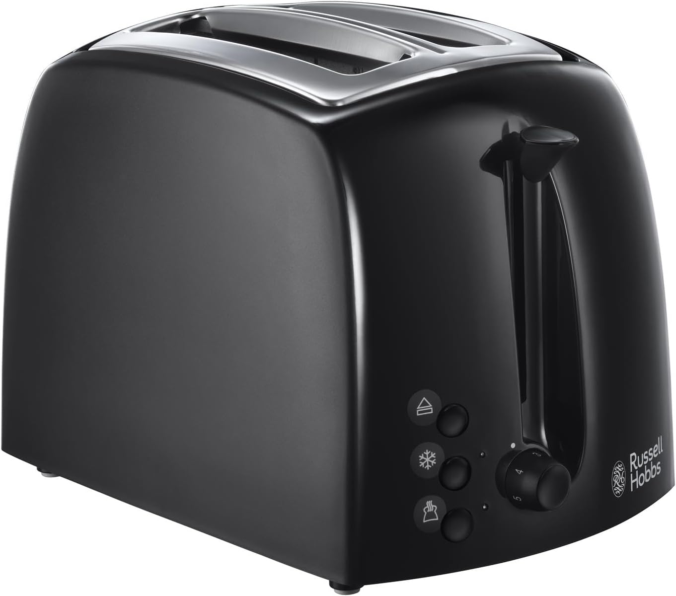 Russell Hobbs Textures 2 Slice Toaster (Extra Wide Slots, 6 Browning levels, Frozen, cancel & reheat function with indicator lights, Removable crumb tray, 850W, Black matt & high gloss finish) 21641