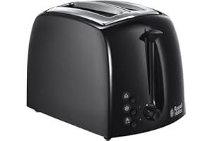 Russell Hobbs Textures 2 Slice Toaster (Extra Wide Slots, 6 Browning levels, Frozen, cancel & reheat function with indicator lights, Removable crumb tray, 850W, Black matt & high gloss finish) 21641