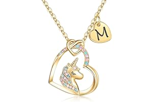 aesdox Unicorn Necklace for Girls, 14K Gold/Silver/Rose Gold Plated Heart Pendant Necklace for Girls, with Colorful CZ and Initial Heart Pendant