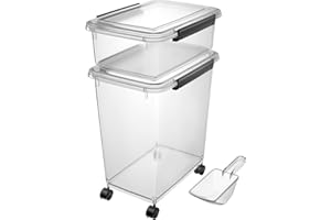 Cetomo Récipient de nourriture pour chien - Avec roulettes - Joint en silicone et fermetures à pression - En plastique - Avec couvercle - Transparent - 10 l + 32 l - 3,5 kg + 12 kg (1 pelle)