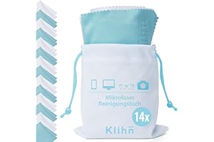 Klihn - Paños de Limpieza de Gafas de Microfibra en Calidad óptica (14 Unidades + Bolsa de Almacenamiento) | para teléfono móvil, Pantalla y Lentes | Lavable | tamaño: 18 x 16 cm (Azul/blance)