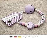 Baby SCHNULLERKETTE mit NAMEN | Schnullerhalter mit Wunschnamen - Mädchen Motiv Herz in flieder