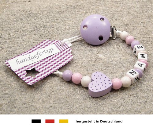 Baby SCHNULLERKETTE mit NAMEN | Schnullerhalter mit Wunschnamen - Mädchen Motiv Herz in flieder